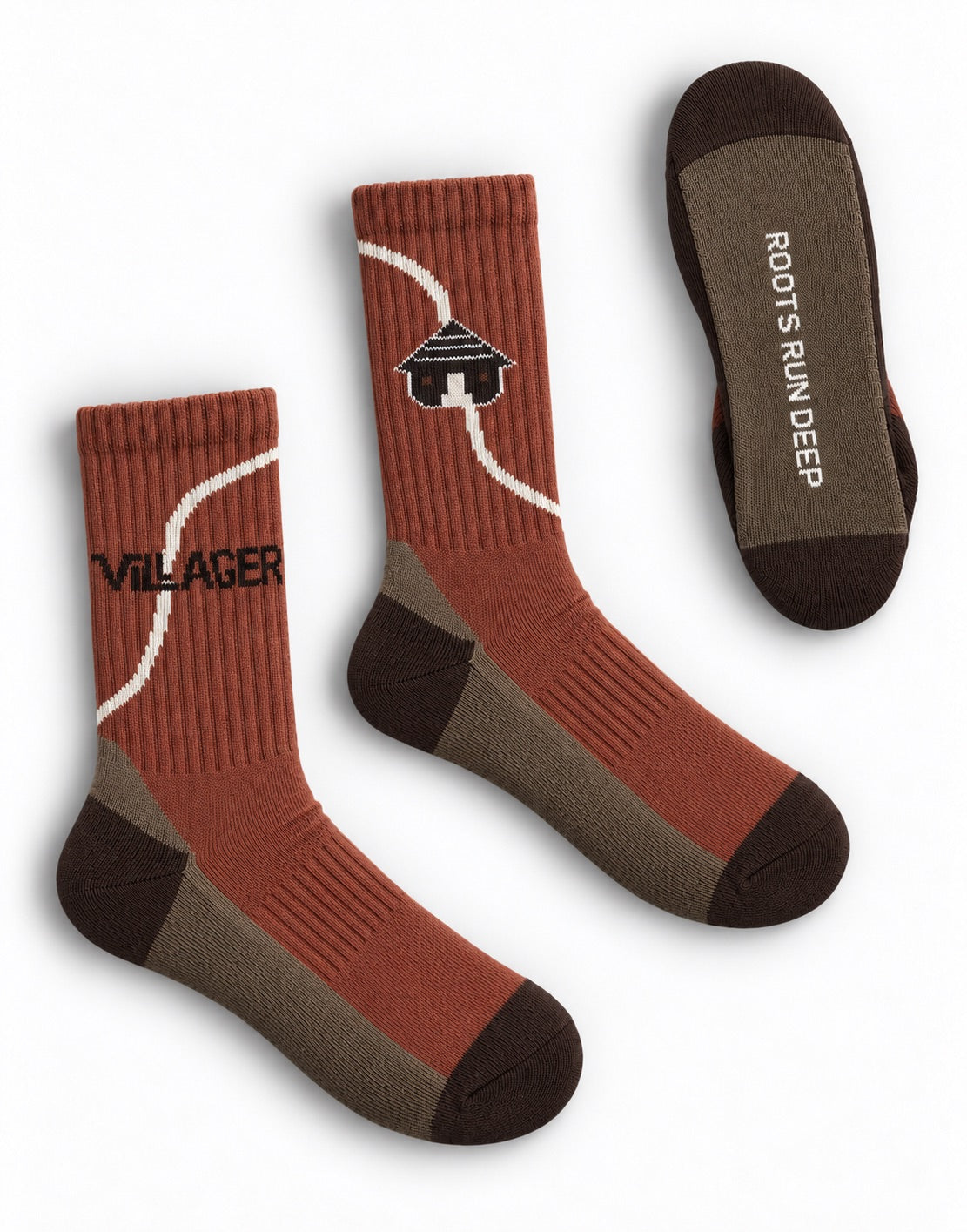 Villager RRD crew socks in brown, with VILLAGER wordmark, hut logo and Roots Run Deep sole detail