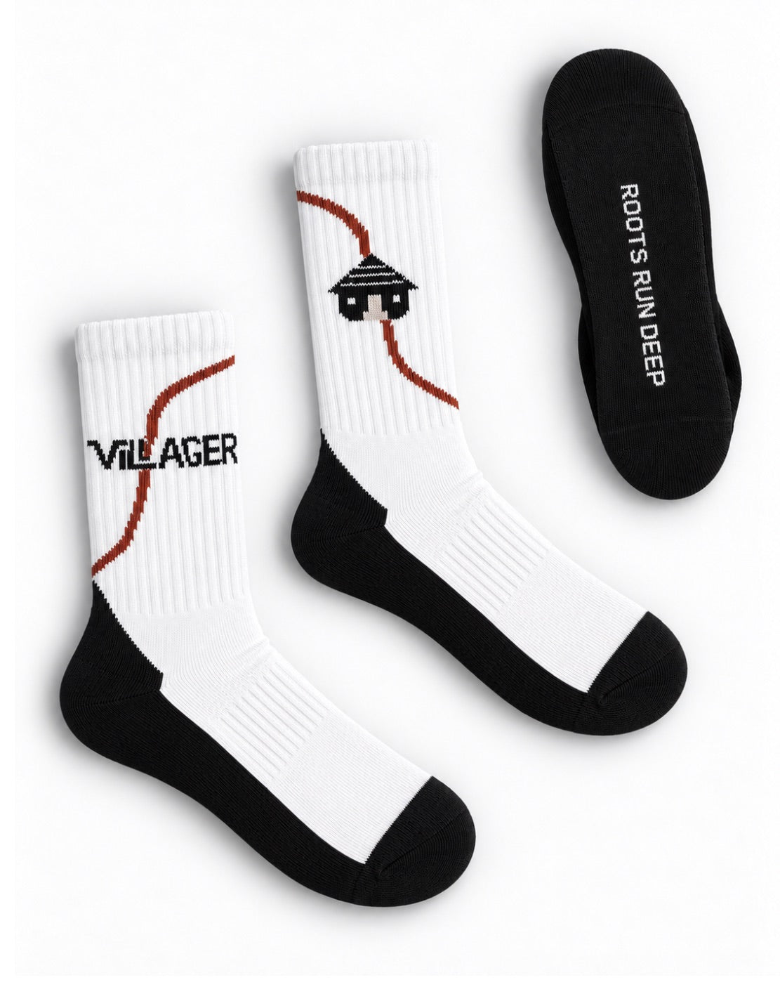 Villager RRD crew socks in white, with VILLAGER wordmark, hut logo and Roots Run Deep sole detail